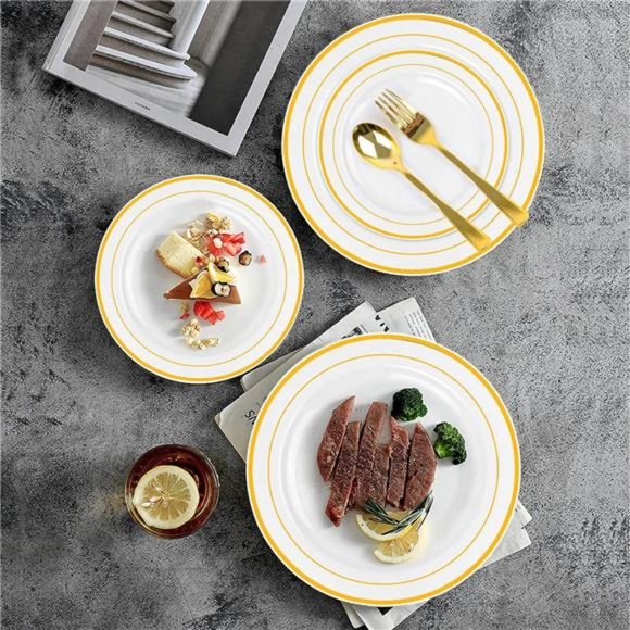 Gold Plastic Plates,100 Pieces Disposable Party Plates for Weddings, Premium - Picture 6 of 8
